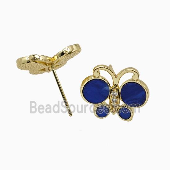Copper Butterfly Stud Earrings Pave Royalblue Shell Gold Plated