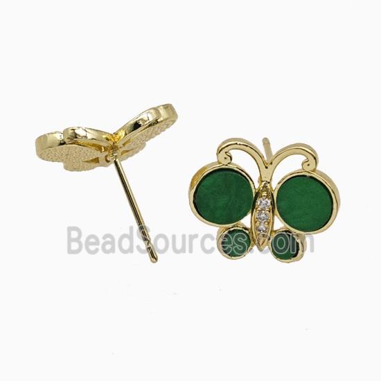 Copper Butterfly Stud Earrings Pave Green Shell Gold Plated