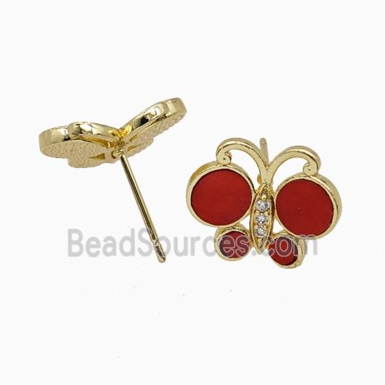 Copper Butterfly Stud Earrings Pave Red Shell Gold Plated
