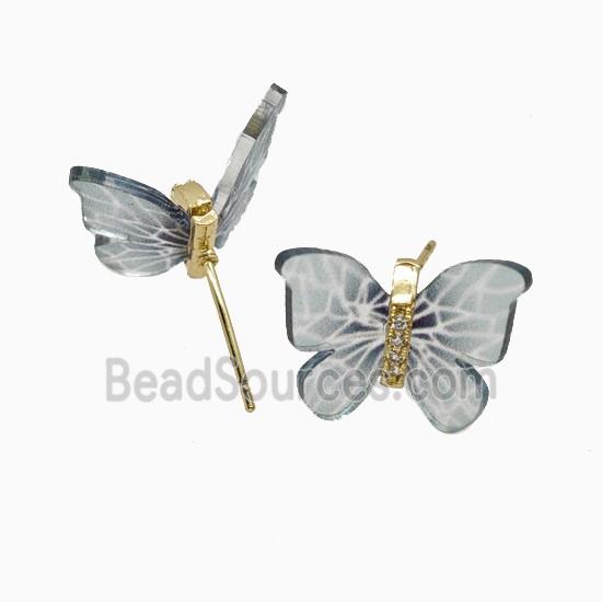 Gray Resin Butterfly Stud Earrings Gold Plated