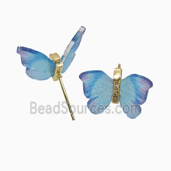 Blue Resin Butterfly Stud Earrings Gold Plated