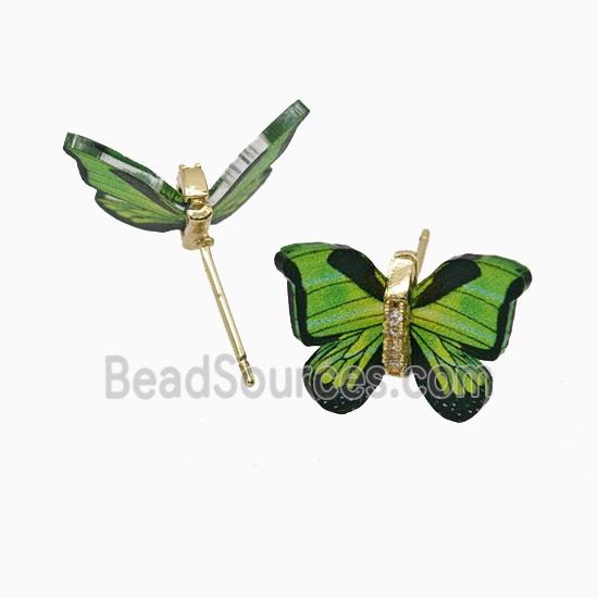 Green Resin Butterfly Stud Earrings Gold Plated