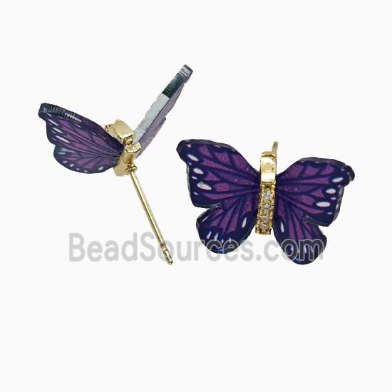 Purple Resin Butterfly Stud Earrings Gold Plated