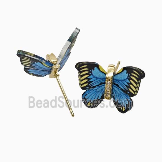 Blue Resin Butterfly Stud Earrings Gold Plated