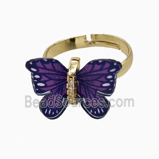 Purple Resin Butterfly Rings Adjustable Gold Plated