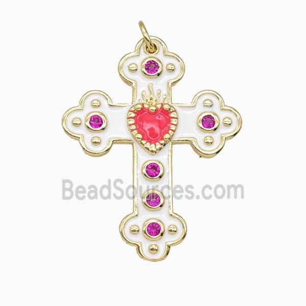 Copper Cross Pendant Pave Zirconia White Enamel Gold Plated