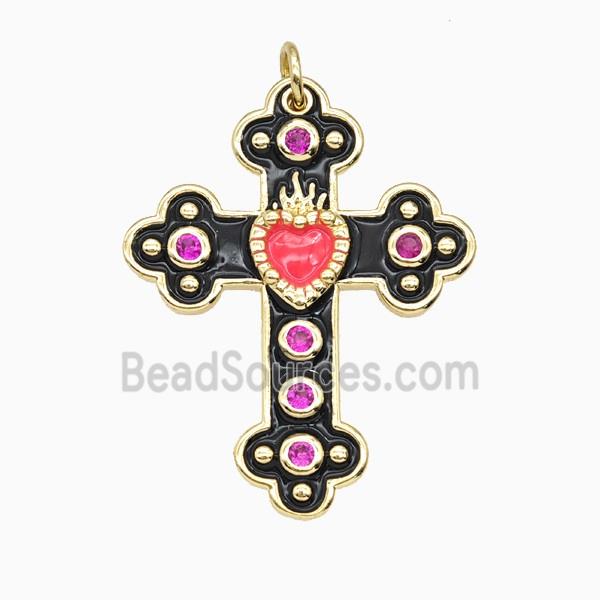 Copper Cross Pendant Pave Zirconia Black Enamel Gold Plated