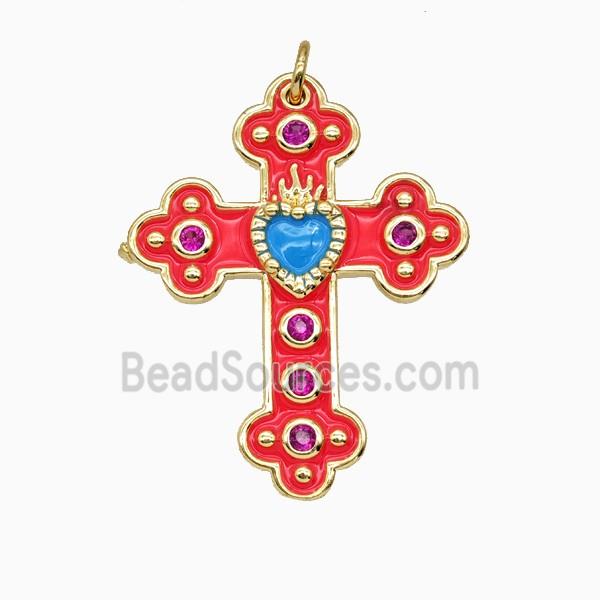 Copper Cross Pendant Pave Zirconia Red Enamel Gold Plated