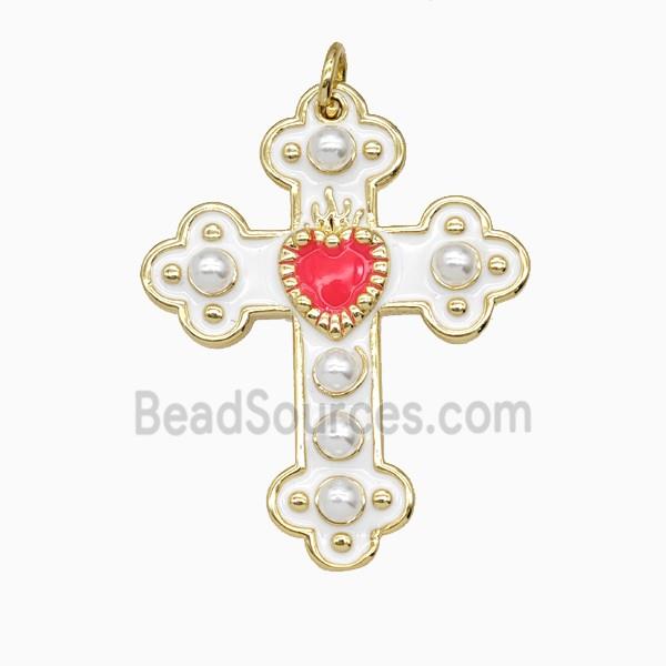 Copper Cross Pendant Pave Resin White Enamel Gold Plated