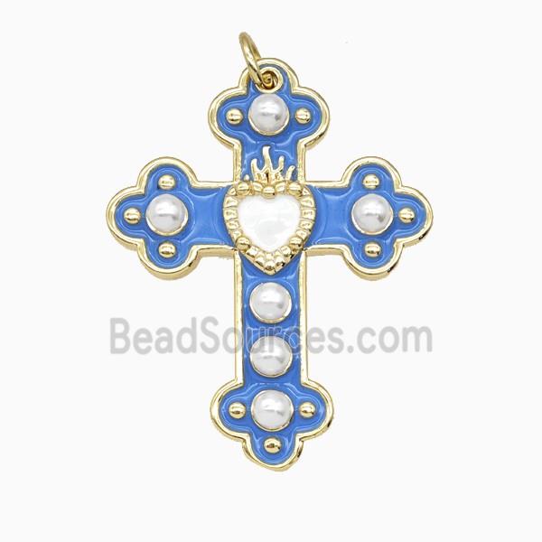 Copper Cross Pendant Pave Resin Blue Enamel Gold Plated