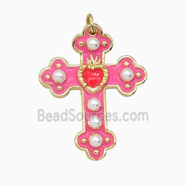 Copper Cross Pendant Pave Resin Pink Enamel Gold Plated