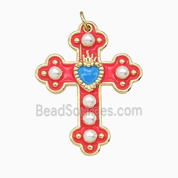 Copper Cross Pendant Pave Resin Red Enamel Gold Plated