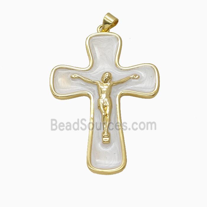 Copper Crucifix Cross Pendant White Enamel Gold Plated