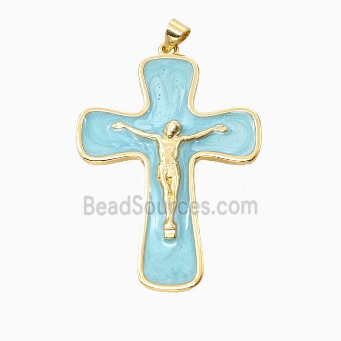 Copper Crucifix Cross Pendant Teal Enamel Gold Plated