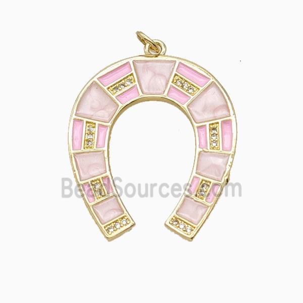 Copper Horse-Shoe Pendant Pave Zirconia Pink Enamel Gold Plated
