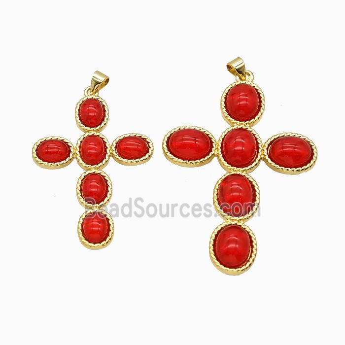 Copper Cross PEndant Pave Red Catseye Glass Gold Plated