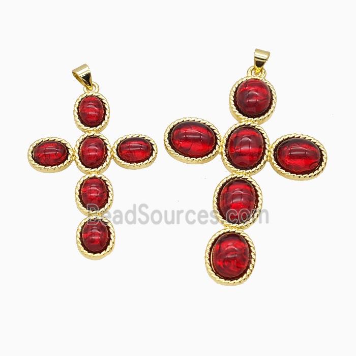 Copper Cross PEndant Pave Red Catseye Glass Gold Plated