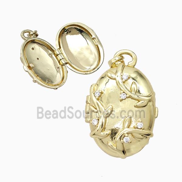 Copper Oval Locket Pendant Pave Zirconia Leaf Gold Plated