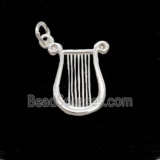 Lyret Harp Charms Copper Pendant Pave Zirconia Shiny Silver