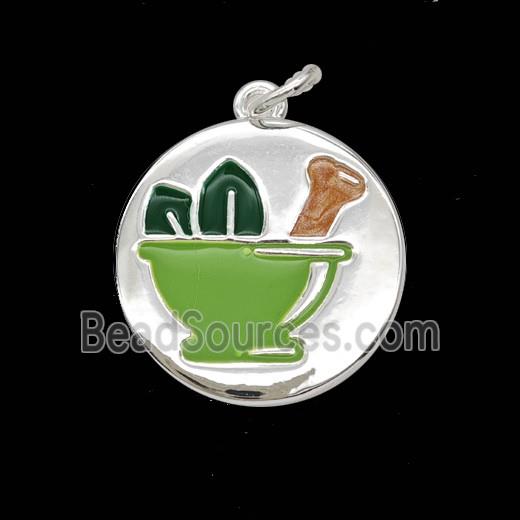 Mortar Pestle and Leaf Charms Copper Pendant Enamel Shiny Silver