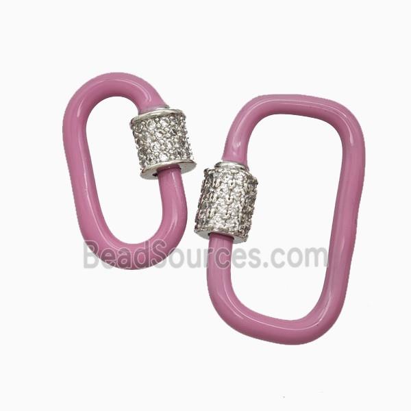 Copper Carabiner Clasp Pave Zirconia Pink Enamel Platinum Plated