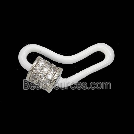 Copper Carabiner Clasp Pave Zirconia White Enamel Heart Platinum Plated