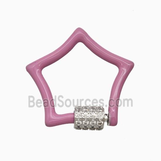 Copper Carabiner Clasp Pave Zirconia Pink Enamel Star Platinum Plated
