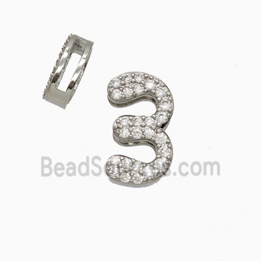 Copper Number-3 Beads Pave Zirconia Flat Hole Platinum Plated