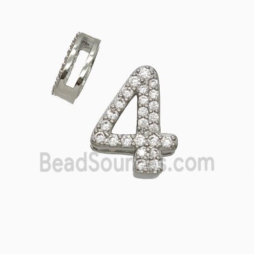 Copper Number-4 Beads Pave Zirconia Flat Hole Platinum Plated