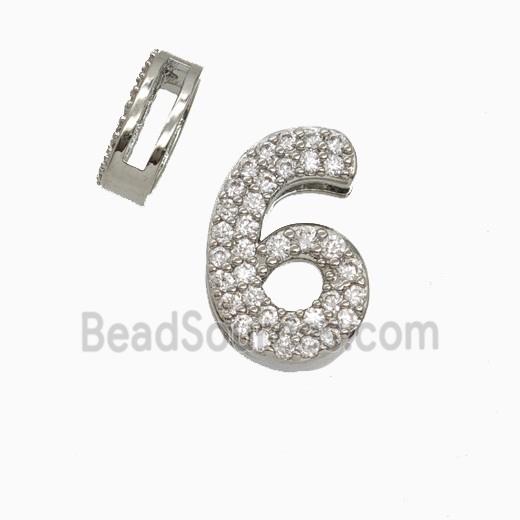 Copper Number-6 Beads Pave Zirconia Flat Hole Platinum Plated