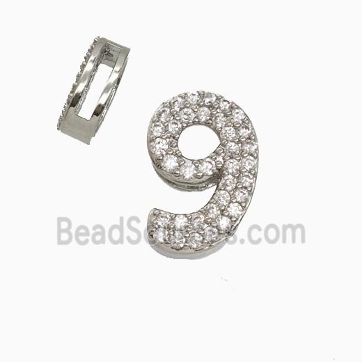 Copper Number-9 Beads Pave Zirconia Flat Hole Platinum Plated