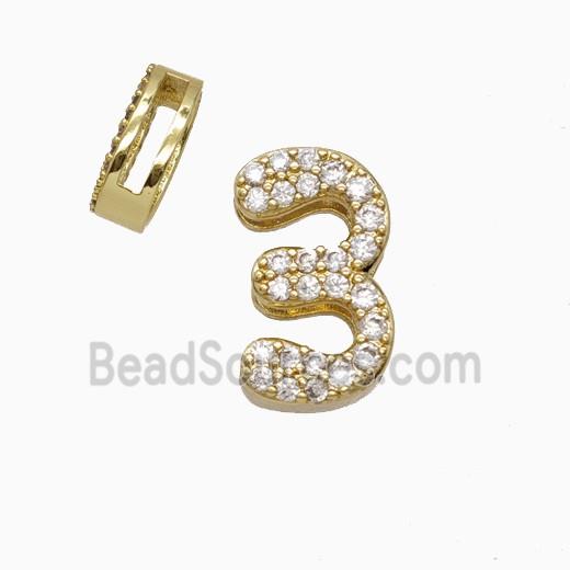 Copper Number-3 Beads Pave Zirconia Flat Hole Gold Plated