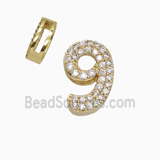Copper Number-9 Beads Pave Zirconia Flat Hole Gold Plated