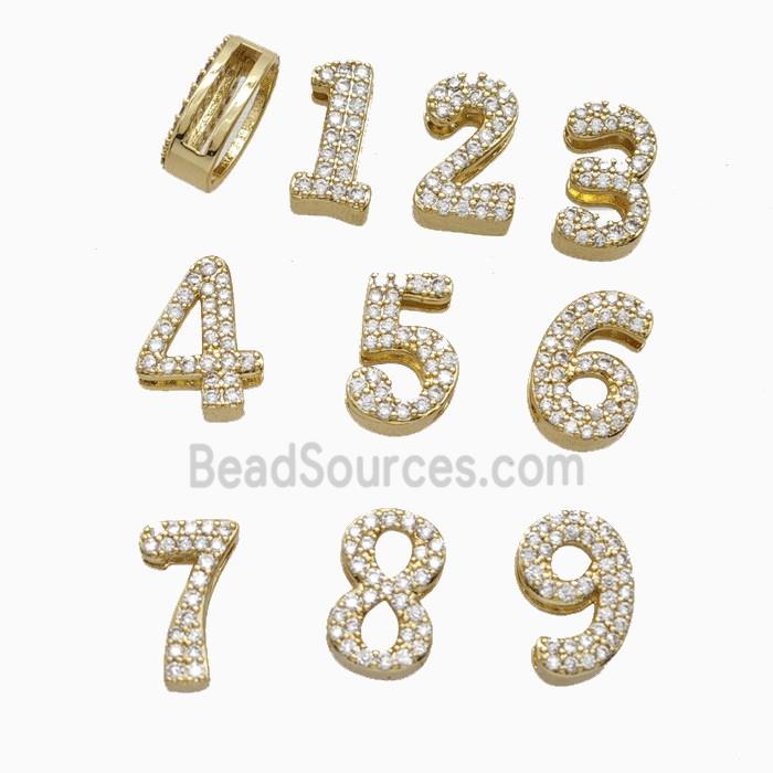 Copper Numbers Beads Pave Zirconia Flat Hole Gold Plated Mixed