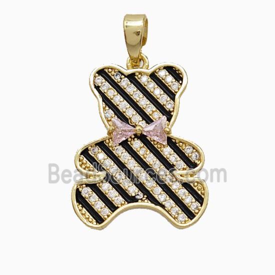 Copper Bear Pendant Pave Zirconia Black Enamel Gold Plated