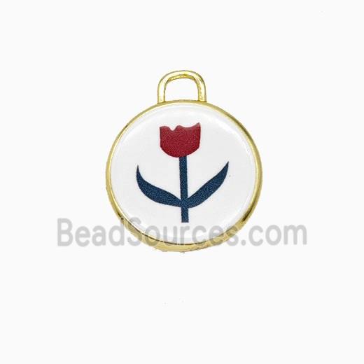 Copper Circle Pendant Painted Flower Gold Plated