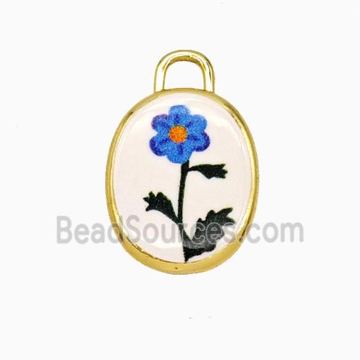 Copper Oval Pendant Painted Flower Gold Plated