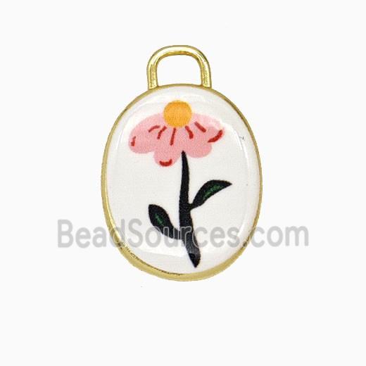 Copper Oval Pendant Painted Flower Gold Plated