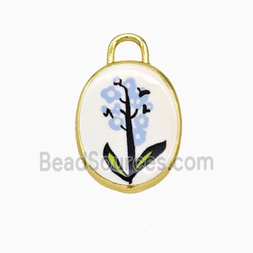 Copper Oval Pendant Painted Flower Gold Plated