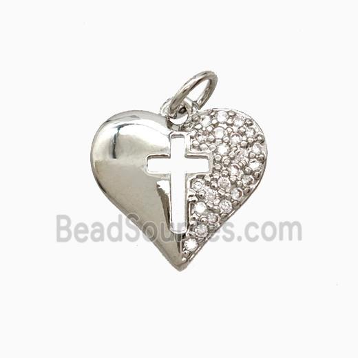 Copper Heart Pendant Pave Zirconia Cross Platinum Plated