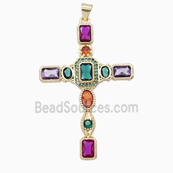 Copper Cross Pendant Pave Zirconia Multicolor Gold Plated