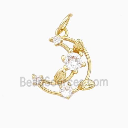 Copper Moom Pendant Pave Zirconia Leaf Gold Plated