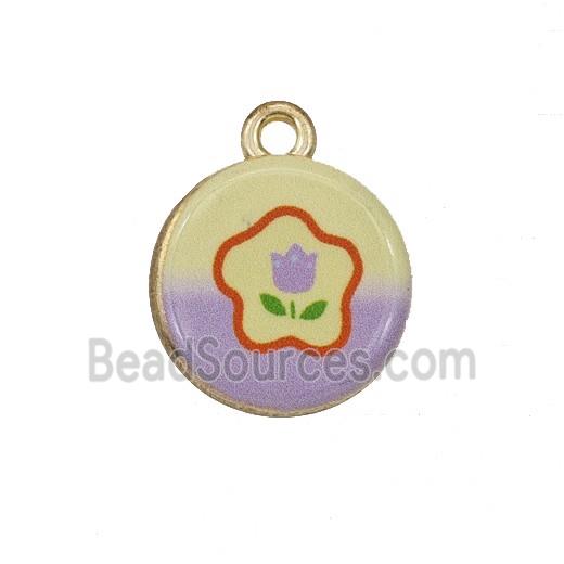 Alloy Coin Pendant Flower Painted Gold Plated