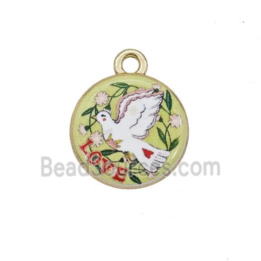 Alloy Coin Pendant Dove Birds Painted Gold Plated
