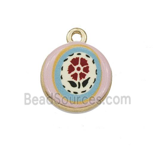 Alloy Coin Pendant Flower Painted Gold Plated