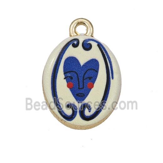 Alloy Oval Pendant Heartface Painted Gold Plated