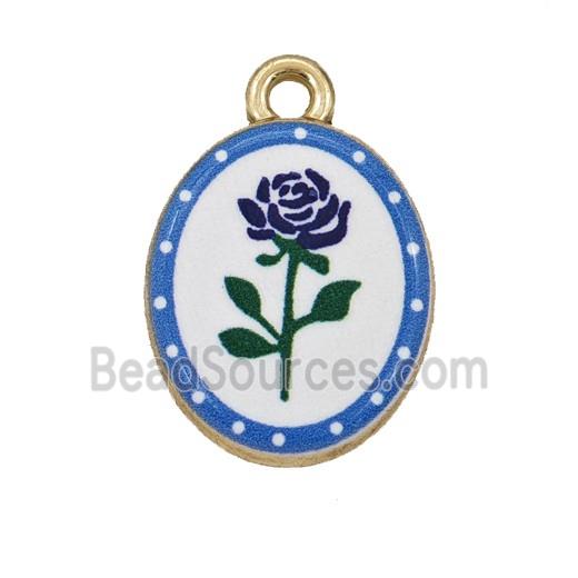 Alloy Oval Pendant Flower Painted Gold Plated