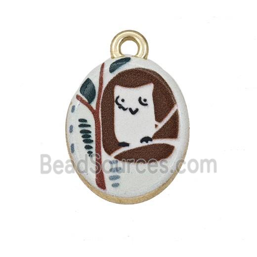 Alloy Oval Pendant Owl Painted Gold Plated
