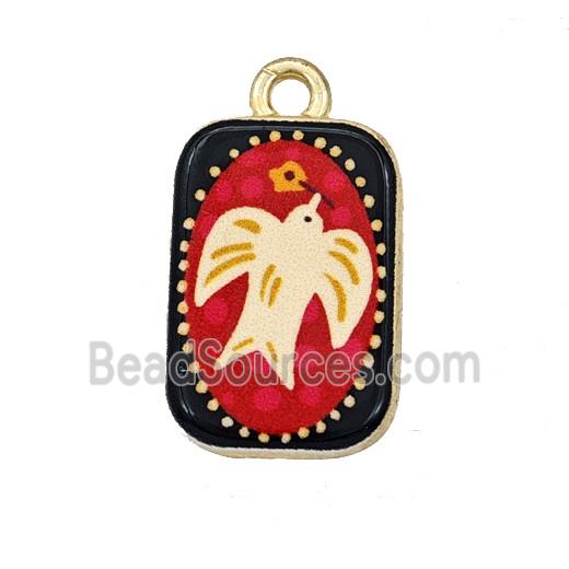 Alloy Rectangle Pendant Birds Painted Gold Plated