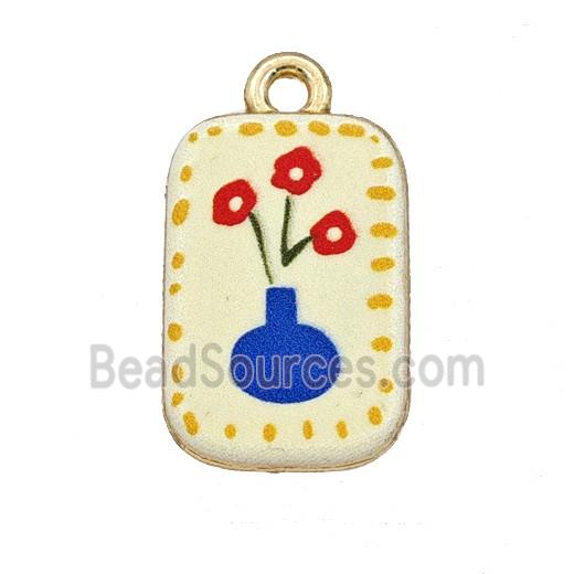 Alloy Rectangle Pendant Flower Painted Gold Plated